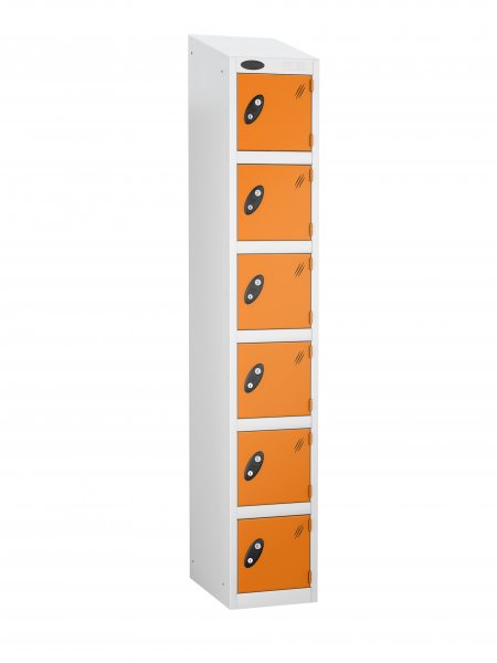 Single Metal Storage Locker | 6 Doors | 1780 x 305 x 380mm | White Carcass | Orange Door | Cam Lock | Sloping Top | Probe