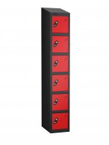 Single Metal Storage Locker | 6 Doors | 1780 x 305 x 380mm | Black Carcass | Red Door | Cam Lock | Sloping Top | Probe