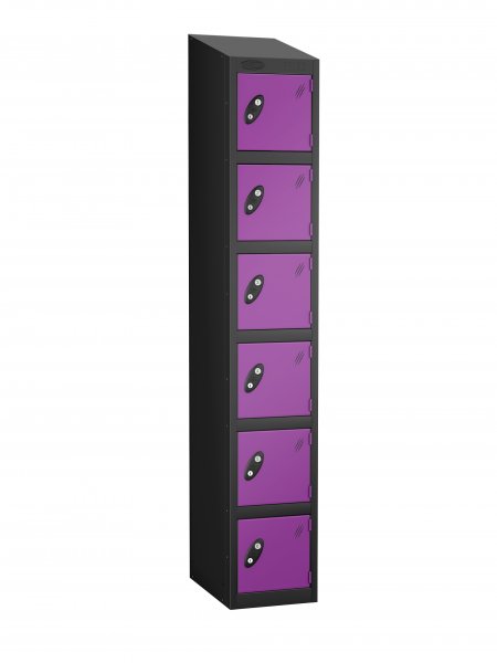 Single Metal Storage Locker | 6 Doors | 1780 x 305 x 380mm | Black Carcass | Lilac Door | Cam Lock | Sloping Top | Probe