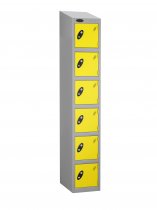 Single Metal Storage Locker | 6 Doors | 1780 x 305 x 380mm | Silver Carcass | Lemon Door | Cam Lock | Sloping Top | Probe