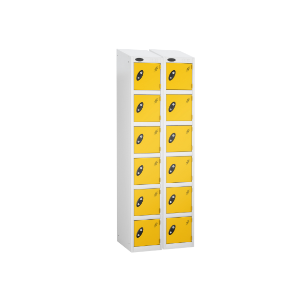 Nest of 2 Metal Storage Lockers | 6 Doors | 1780 x 305 x 380mm | White Carcass | Yellow Door | Cam Lock | Sloping Top | Probe