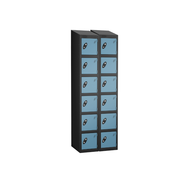 Nest of 2 Metal Storage Lockers | 6 Doors | 1780 x 305 x 380mm | Black Carcass | Ocean Door | Cam Lock | Sloping Top | Probe