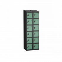 Nest of 2 Metal Storage Lockers | 6 Doors | 1780 x 305 x 380mm | Black Carcass | Jade Door | Cam Lock | Sloping Top | Probe