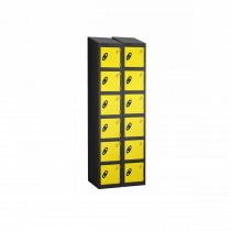 Nest of 2 Metal Storage Lockers | 6 Doors | 1780 x 305 x 380mm | Black Carcass | Lemon Door | Cam Lock | Sloping Top | Probe