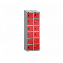 Nest of 2 Metal Storage Lockers | 6 Doors | 1780 x 305 x 380mm | Silver Carcass | Red Door | Cam Lock | Sloping Top | Probe