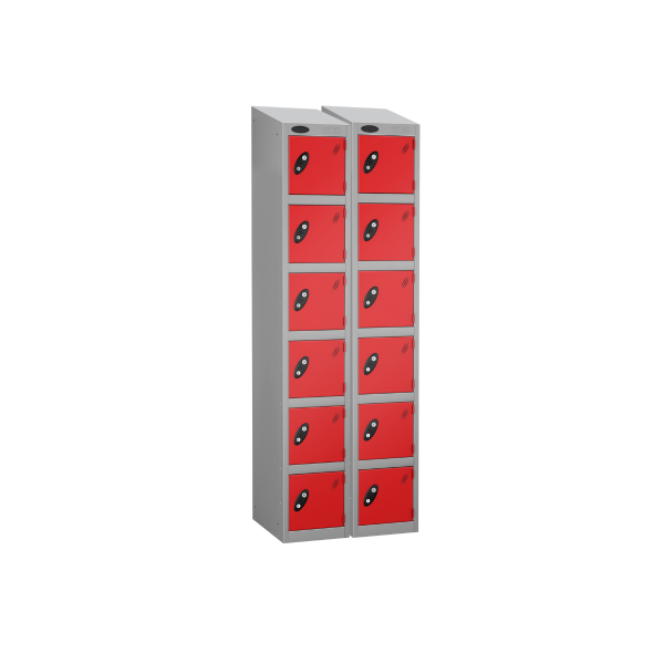 Nest of 2 Metal Storage Lockers | 6 Doors | 1780 x 305 x 380mm | Silver Carcass | Red Door | Cam Lock | Sloping Top | Probe