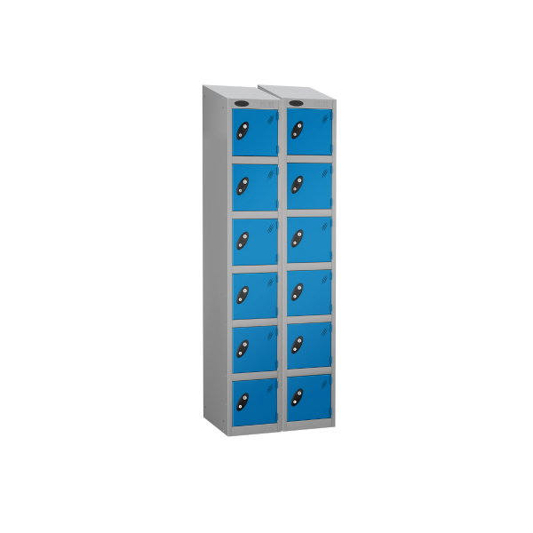 Nest of 2 Metal Storage Lockers | 6 Doors | 1780 x 305 x 380mm | Silver Carcass | Blue Door | Cam Lock | Sloping Top | Probe