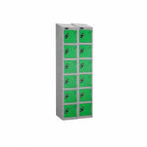 Nest of 2 Metal Storage Lockers | 6 Doors | 1780 x 305 x 380mm | Silver Carcass | Green Door | Cam Lock | Sloping Top | Probe