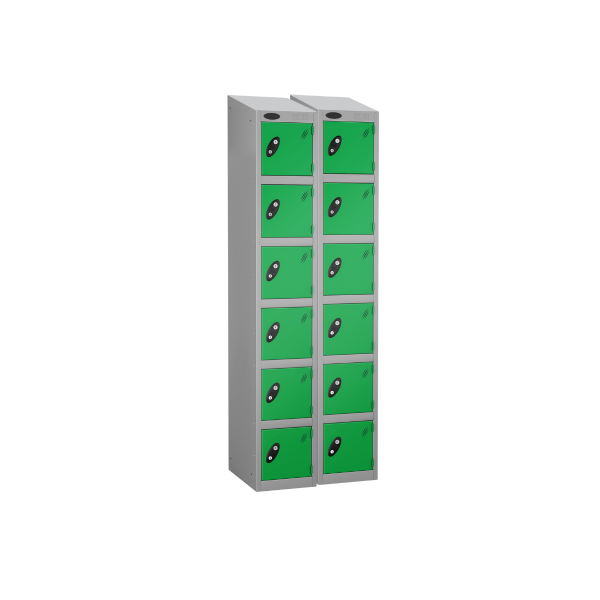 Nest of 2 Metal Storage Lockers | 6 Doors | 1780 x 305 x 380mm | Silver Carcass | Green Door | Cam Lock | Sloping Top | Probe