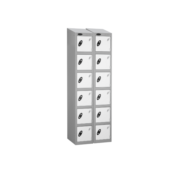 Nest of 2 Metal Storage Lockers | 6 Doors | 1780 x 305 x 380mm | Silver Carcass | White Door | Cam Lock | Sloping Top | Probe