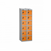 Nest of 2 Metal Storage Lockers | 6 Doors | 1780 x 305 x 380mm | Silver Carcass | Orange Door | Cam Lock | Sloping Top | Probe