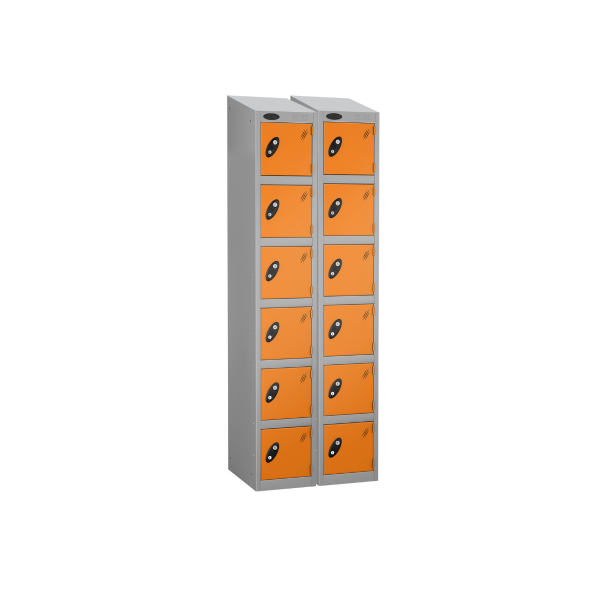 Nest of 2 Metal Storage Lockers | 6 Doors | 1780 x 305 x 380mm | Silver Carcass | Orange Door | Cam Lock | Sloping Top | Probe