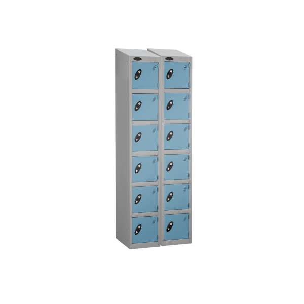 Nest of 2 Metal Storage Lockers | 6 Doors | 1780 x 305 x 380mm | Silver Carcass | Ocean Door | Cam Lock | Sloping Top | Probe