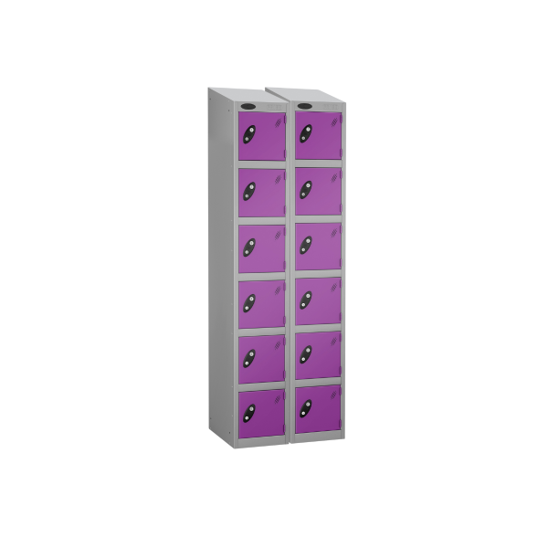 Nest of 2 Metal Storage Lockers | 6 Doors | 1780 x 305 x 380mm | Silver Carcass | Lilac Door | Cam Lock | Sloping Top | Probe