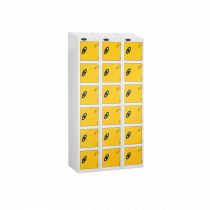 Nest of 3 Metal Storage Lockers | 6 Doors | 1780 x 305 x 380mm | White Carcass | Yellow Door | Cam Lock | Sloping Top | Probe