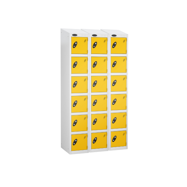 Nest of 3 Metal Storage Lockers | 6 Doors | 1780 x 305 x 380mm | White Carcass | Yellow Door | Cam Lock | Sloping Top | Probe