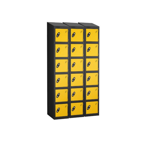 Nest of 3 Metal Storage Lockers | 6 Doors | 1780 x 305 x 380mm | Black Carcass | Yellow Door | Cam Lock | Sloping Top | Probe