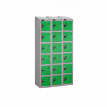 Nest of 3 Metal Storage Lockers | 6 Doors | 1780 x 305 x 380mm | Silver Carcass | Green Door | Cam Lock | Sloping Top | Probe