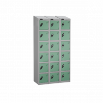 Nest of 3 Metal Storage Lockers | 6 Doors | 1780 x 305 x 380mm | Silver Carcass | Jade Door | Cam Lock | Sloping Top | Probe