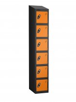 Single Metal Storage Locker | 6 Doors | 1780 x 305 x 460mm | Black Carcass | Orange Door | Cam Lock | Sloping Top | Probe