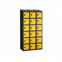 Nest of 3 Metal Storage Lockers | 6 Doors | 1780 x 305 x 460mm | Black Carcass | Yellow Door | Cam Lock | Sloping Top | Probe