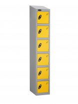 Single Metal Storage Locker | 6 Doors | 1780 x 380 x 380mm | Silver Carcass | Yellow Door | Cam Lock | Sloping Top | Probe