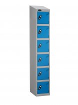 Single Metal Storage Locker | 6 Doors | 1780 x 380 x 460mm | Silver Carcass | Blue Door | Cam Lock | Sloping Top | Probe