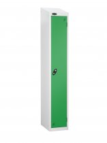 Single Metal Storage Locker | Single Door | 1780 x 305 x 305mm | White Carcass | Green Door | Hasp & Staple Lock | Sloping Top | Probe