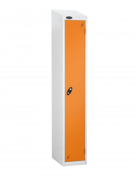 Single Metal Storage Locker | Single Door | 1780 x 305 x 305mm | White Carcass | Orange Door | Hasp & Staple Lock | Sloping Top | Probe