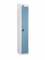 Single Metal Storage Locker | Single Door | 1780 x 305 x 305mm | White Carcass | Ocean Door | Hasp & Staple Lock | Sloping Top | Probe