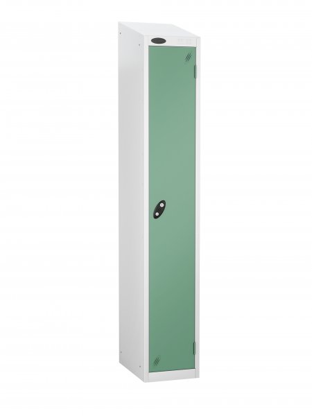 Single Metal Storage Locker | Single Door | 1780 x 305 x 305mm | White Carcass | Jade Door | Hasp & Staple Lock | Sloping Top | Probe