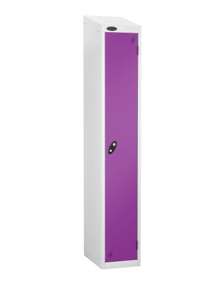 Single Metal Storage Locker | Single Door | 1780 x 305 x 305mm | White Carcass | Lilac Door | Hasp & Staple Lock | Sloping Top | Probe