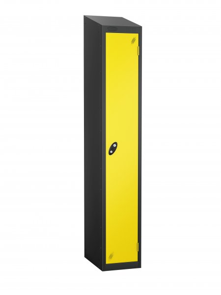 Single Metal Storage Locker | Single Door | 1780 x 305 x 305mm | Black Carcass | Lemon Door | Hasp & Staple Lock | Sloping Top | Probe