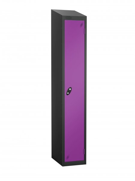 Single Metal Storage Locker | Single Door | 1780 x 305 x 305mm | Black Carcass | Lilac Door | Hasp & Staple Lock | Sloping Top | Probe