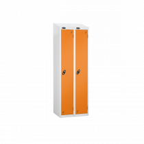 Nest of 2 Metal Storage Lockers | Single Door | 1780 x 305 x 305mm | White Carcass | Orange Door | Hasp & Staple Lock | Sloping Top | Probe