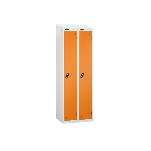 Nest of 2 Metal Storage Lockers | Single Door | 1780 x 305 x 305mm | White Carcass | Orange Door | Hasp & Staple Lock | Sloping Top | Probe