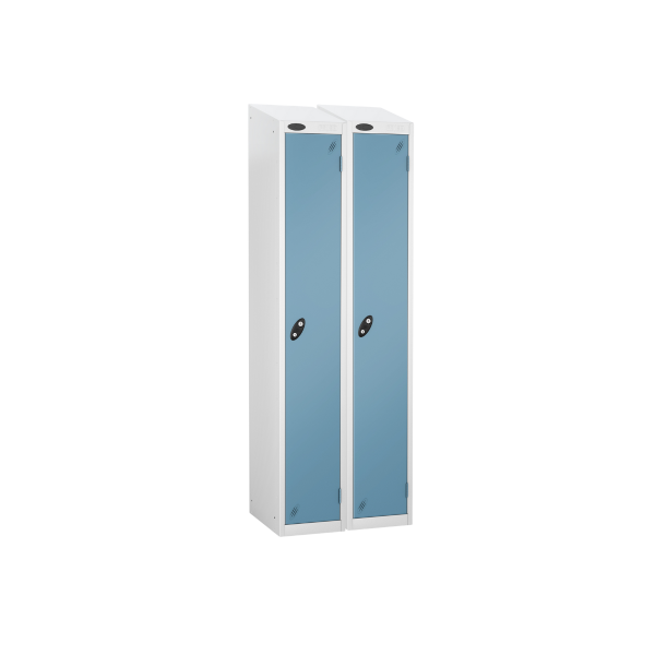 Nest of 2 Metal Storage Lockers | Single Door | 1780 x 305 x 305mm | White Carcass | Ocean Door | Hasp & Staple Lock | Sloping Top | Probe