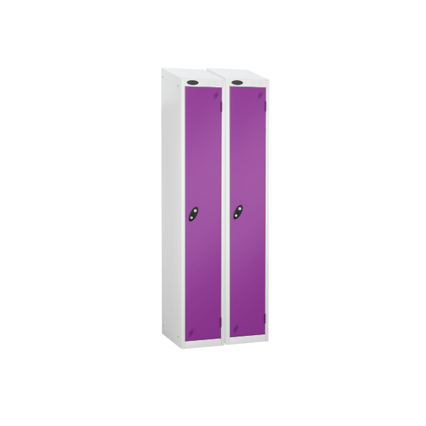 Nest of 2 Metal Storage Lockers | Single Door | 1780 x 305 x 305mm | White Carcass | Lilac Door | Hasp & Staple Lock | Sloping Top | Probe