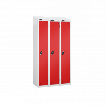 Nest of 3 Metal Storage Lockers | Single Door | 1780 x 305 x 305mm | White Carcass | Red Door | Hasp & Staple Lock | Sloping Top | Probe