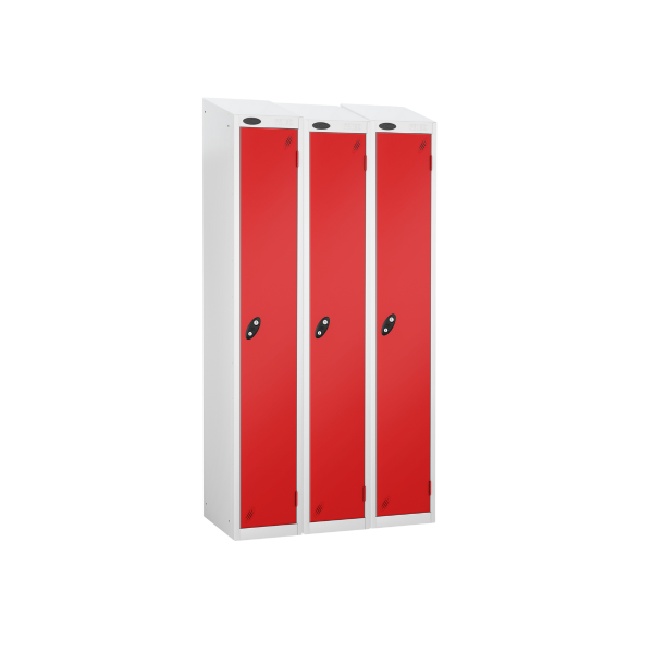 Nest of 3 Metal Storage Lockers | Single Door | 1780 x 305 x 305mm | White Carcass | Red Door | Hasp & Staple Lock | Sloping Top | Probe