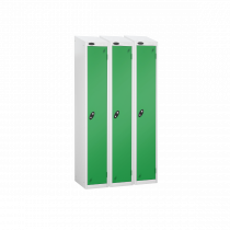 Nest of 3 Metal Storage Lockers | Single Door | 1780 x 305 x 305mm | White Carcass | Green Door | Hasp & Staple Lock | Sloping Top | Probe