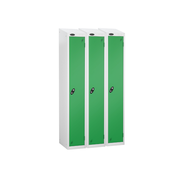 Nest of 3 Metal Storage Lockers | Single Door | 1780 x 305 x 305mm | White Carcass | Green Door | Hasp & Staple Lock | Sloping Top | Probe