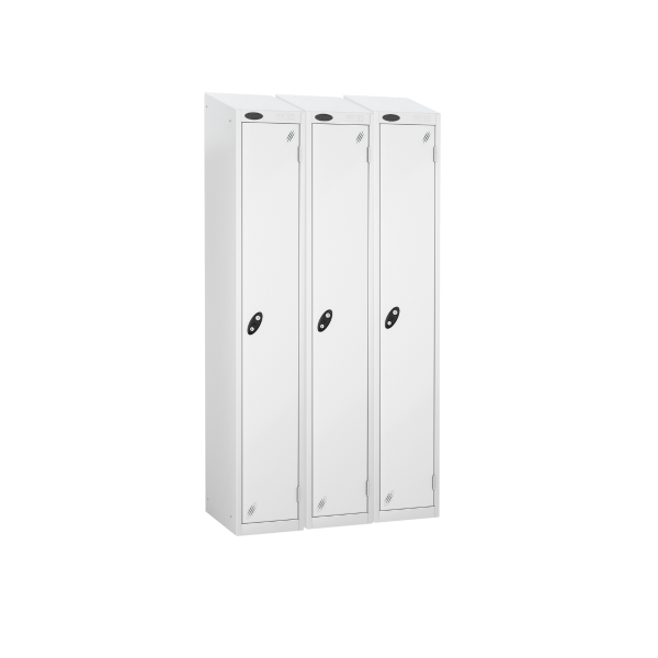 Nest of 3 Metal Storage Lockers | Single Door | 1780 x 305 x 305mm | White Carcass | White Door | Hasp & Staple Lock | Sloping Top | Probe