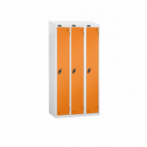 Nest of 3 Metal Storage Lockers | Single Door | 1780 x 305 x 305mm | White Carcass | Orange Door | Hasp & Staple Lock | Sloping Top | Probe