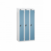 Nest of 3 Metal Storage Lockers | Single Door | 1780 x 305 x 305mm | White Carcass | Ocean Door | Hasp & Staple Lock | Sloping Top | Probe