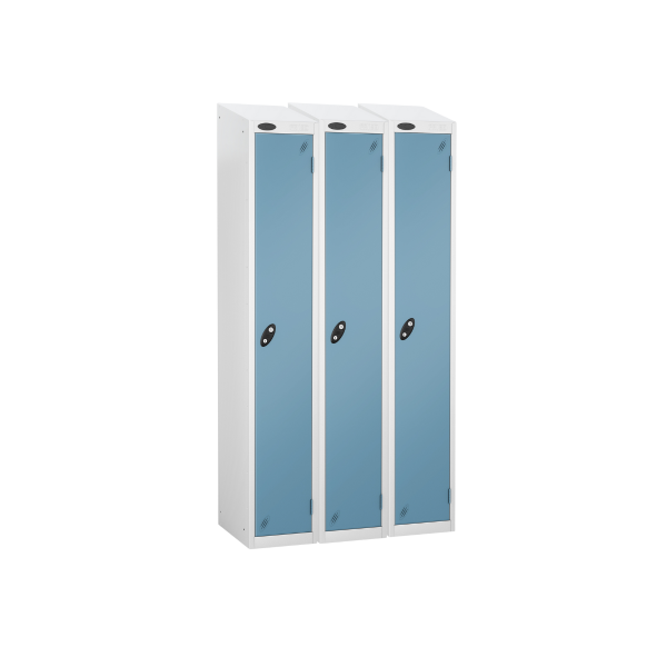 Nest of 3 Metal Storage Lockers | Single Door | 1780 x 305 x 305mm | White Carcass | Ocean Door | Hasp & Staple Lock | Sloping Top | Probe