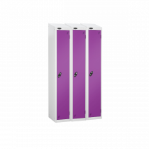 Nest of 3 Metal Storage Lockers | Single Door | 1780 x 305 x 305mm | White Carcass | Lilac Door | Hasp & Staple Lock | Sloping Top | Probe