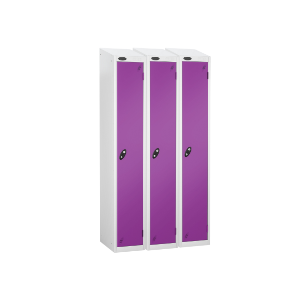 Nest of 3 Metal Storage Lockers | Single Door | 1780 x 305 x 305mm | White Carcass | Lilac Door | Hasp & Staple Lock | Sloping Top | Probe