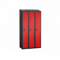 Nest of 3 Metal Storage Lockers | Single Door | 1780 x 305 x 305mm | Black Carcass | Red Door | Hasp & Staple Lock | Sloping Top | Probe