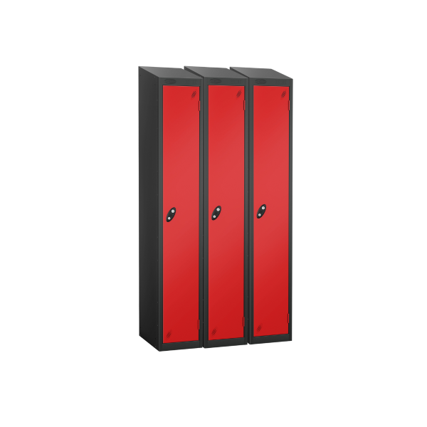 Nest of 3 Metal Storage Lockers | Single Door | 1780 x 305 x 305mm | Black Carcass | Red Door | Hasp & Staple Lock | Sloping Top | Probe